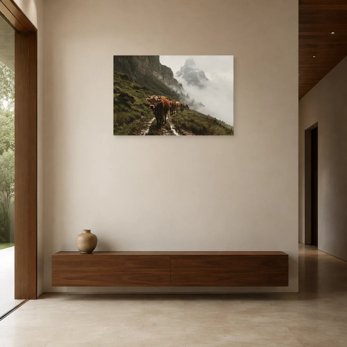 Tableau Vaches Tarentaises dans la Brume présenté dans une entrée - Art Virtuoso