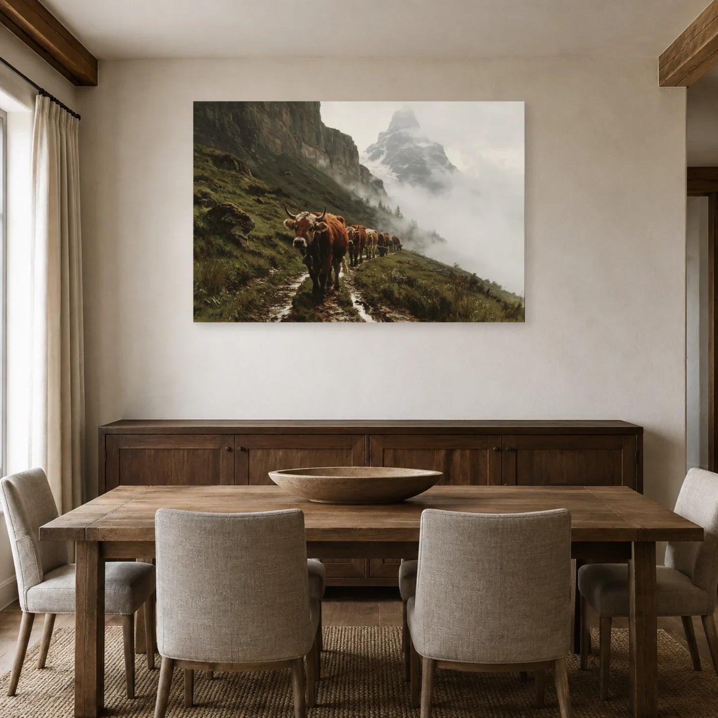 Tableau Vaches Tarentaises dans la Brume présenté dans une salle à manger - Art Virtuoso