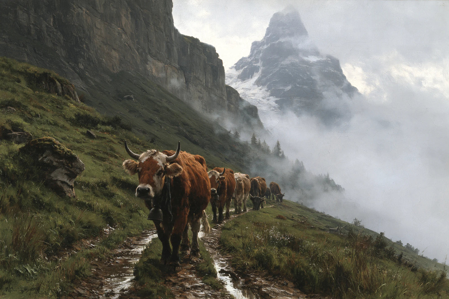Tableau Vaches Tarentaises dans la Brume, petit troupeau de Tarentaises montant vers un col envahi de nuages, format S - Art Virtuoso