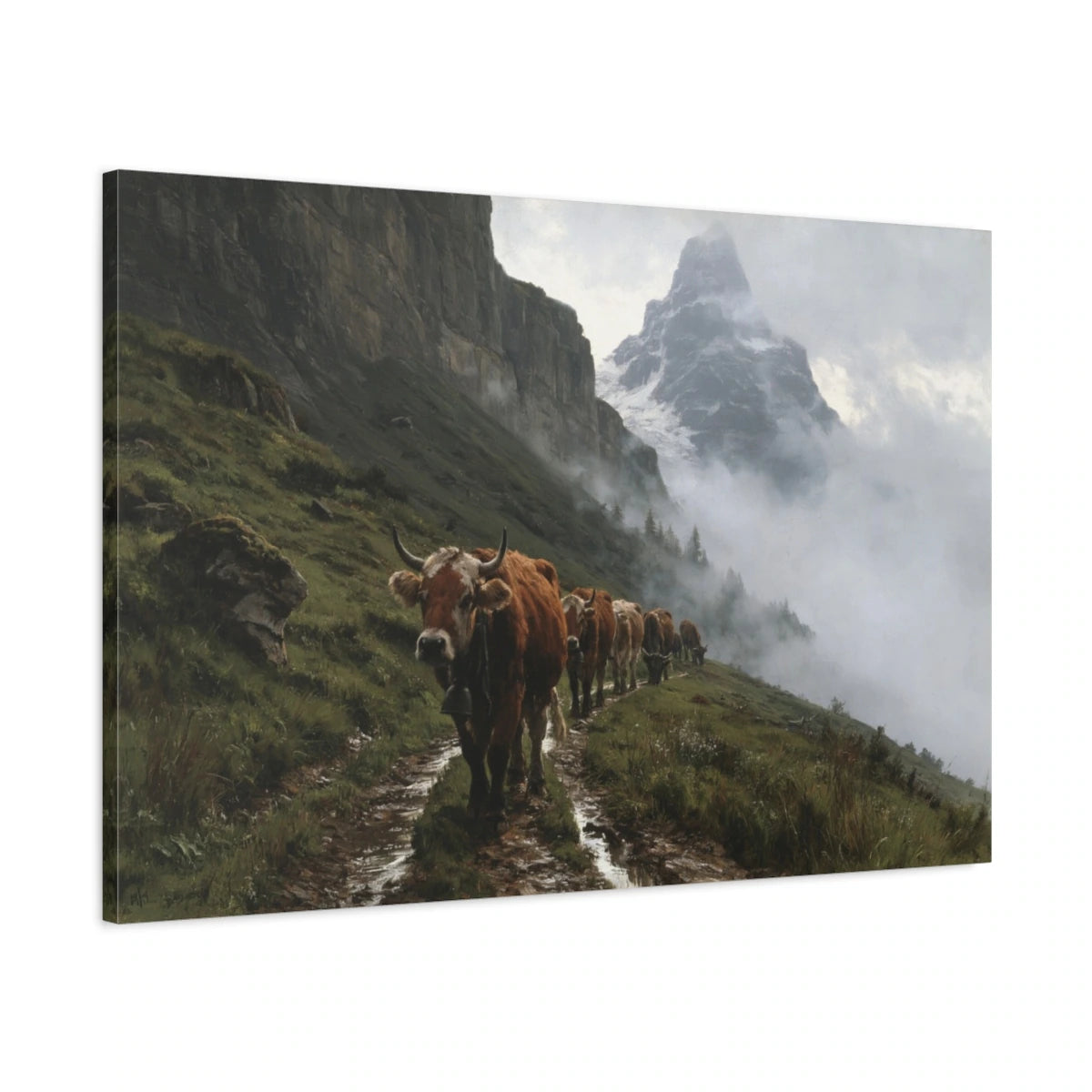 Tableau Vaches Tarentaises dans la Brume, vue latérale de la toile avec bords imprimés - Art Virtuoso