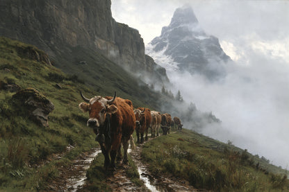 Tableau Vaches Tarentaises dans la Brume, petit troupeau de Tarentaises montant vers un col envahi de nuages, format XXL - Art Virtuoso