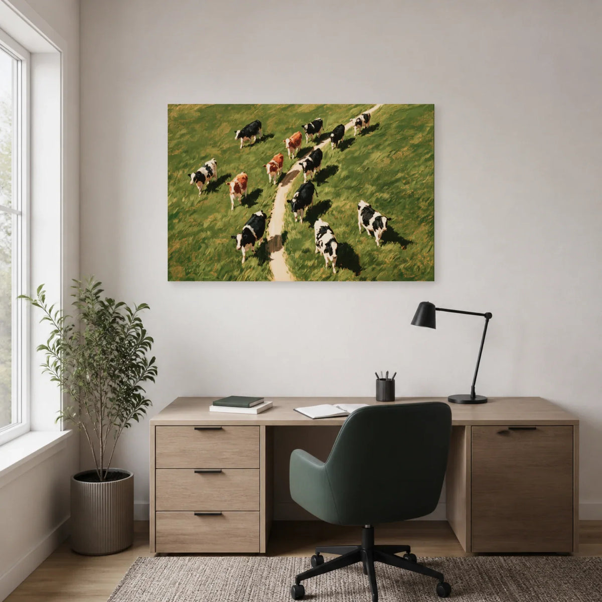 Tableau Vaches vues du Ciel présenté dans un bureau - Art Virtuoso