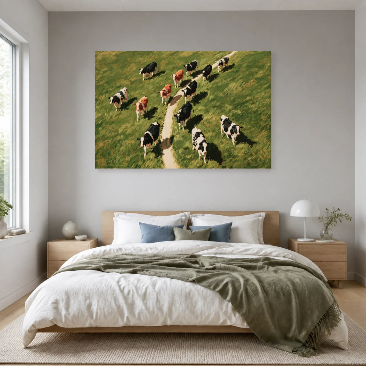 Tableau Vaches vues du Ciel présenté dans une chambre - Art Virtuoso