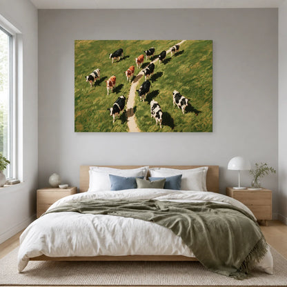 Tableau Vaches vues du Ciel présenté dans une chambre - Art Virtuoso