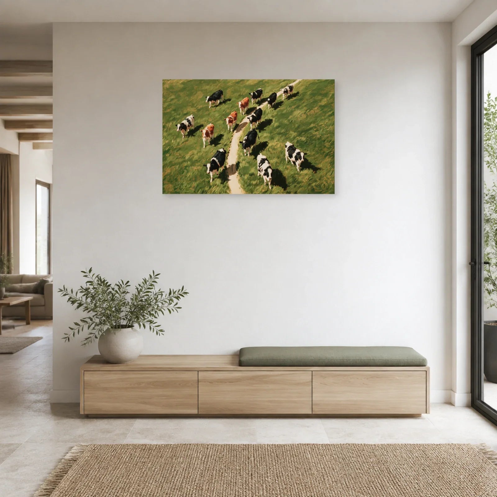 Tableau Vaches vues du Ciel présenté dans une entrée - Art Virtuoso