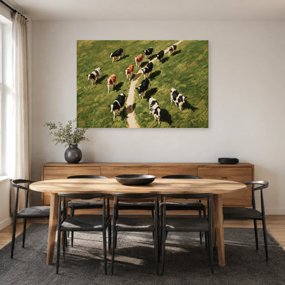 Tableau Vaches vues du Ciel présenté dans une salle à manger - Art Virtuoso