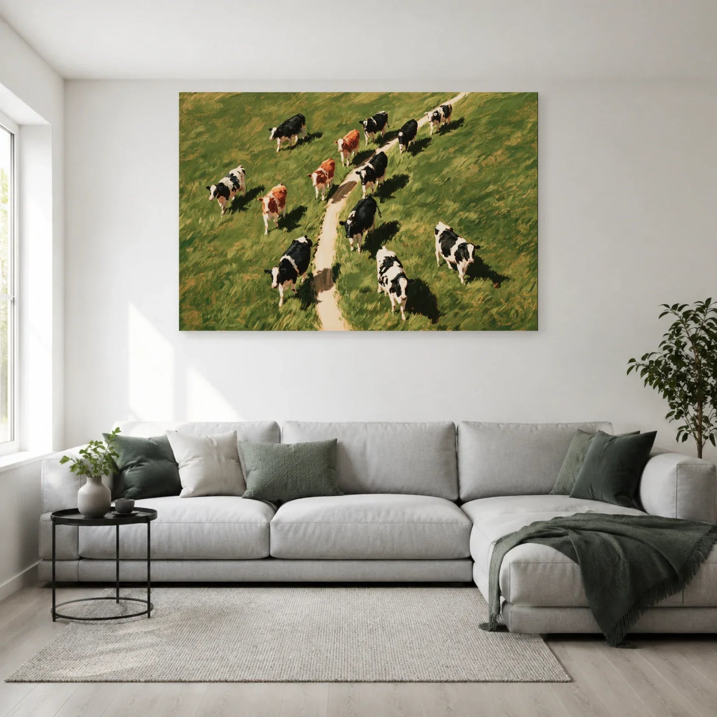 Tableau Vaches vues du Ciel présenté dans un salon - Art Virtuoso