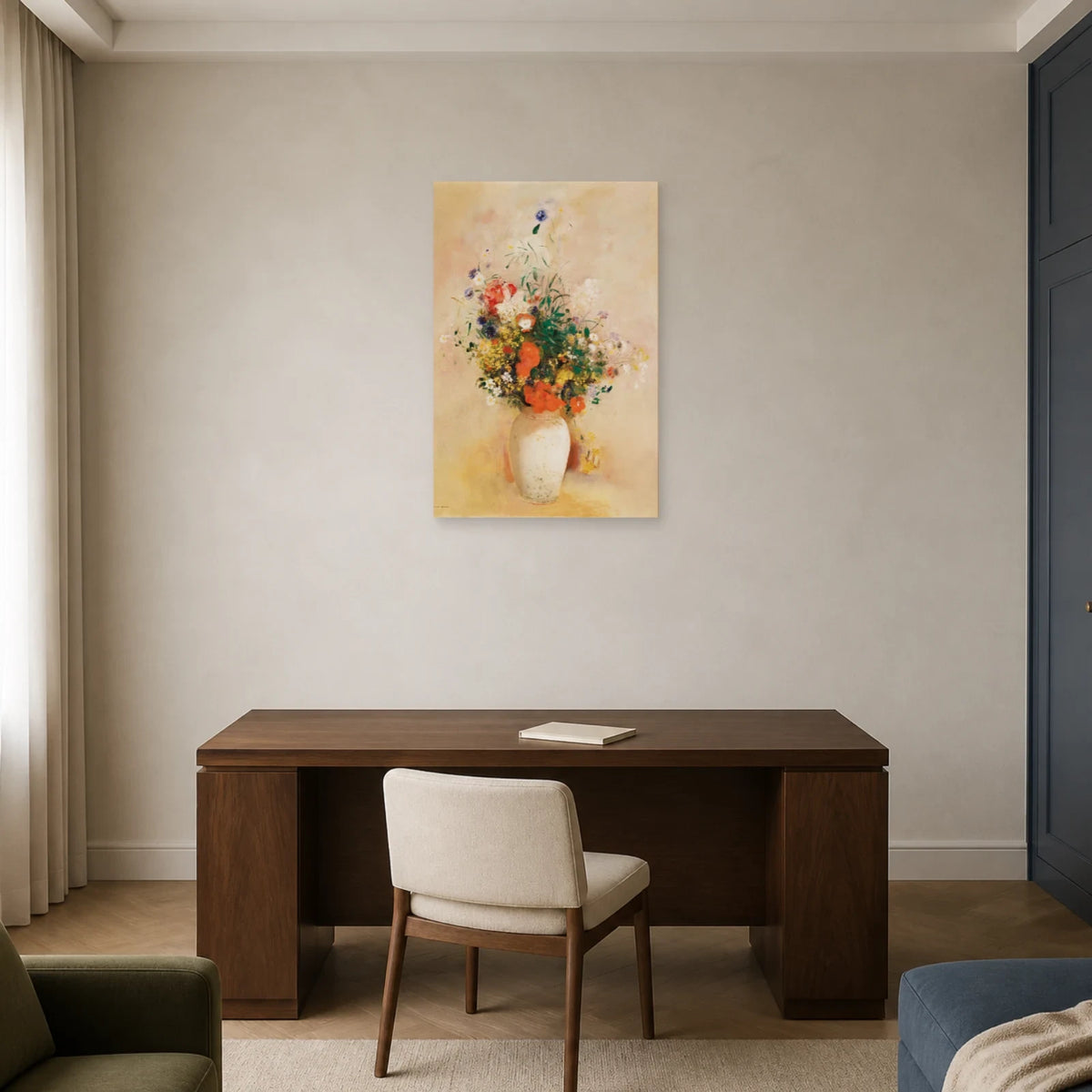 Tableau Vase de fleurs sur fond rose – Odilon Redon dans un bureau - Art Virtuoso
