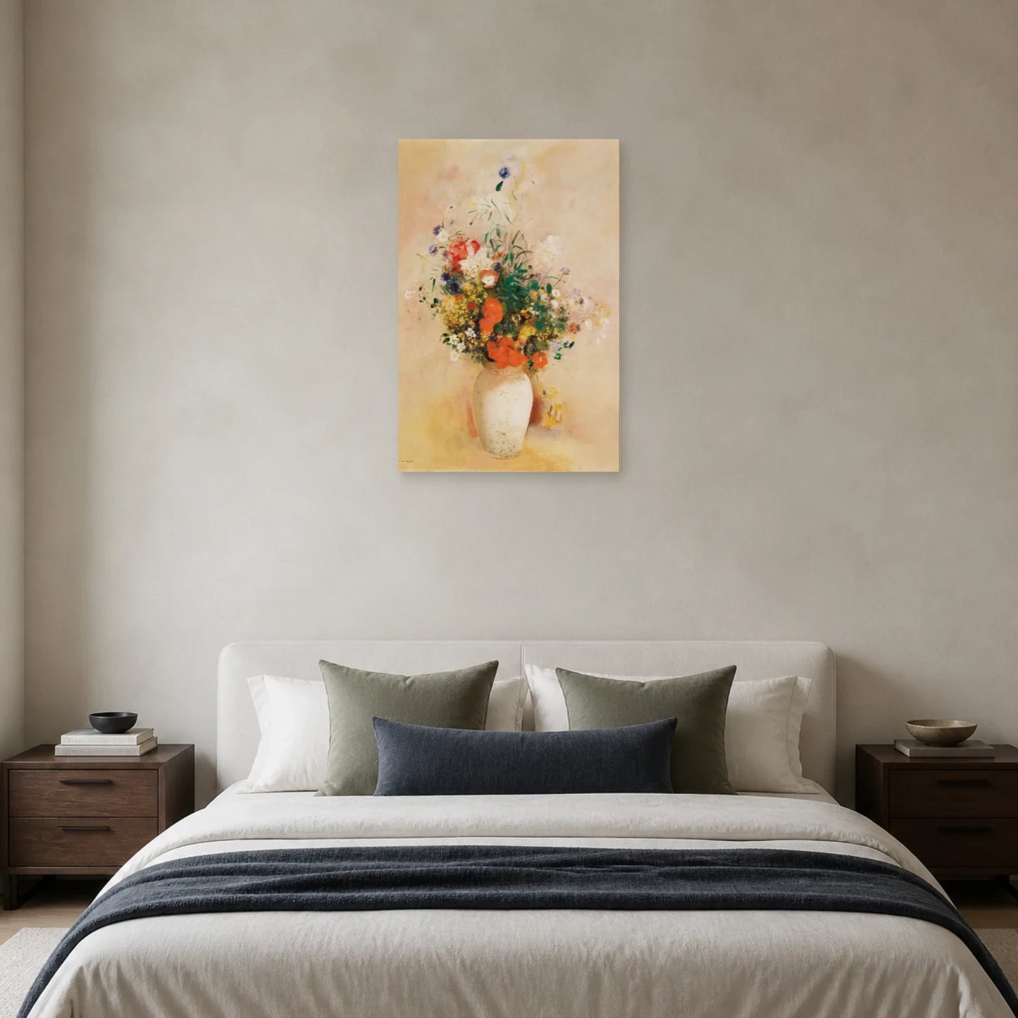 Tableau Vase de fleurs sur fond rose – Odilon Redon dans une chambre - Art Virtuoso