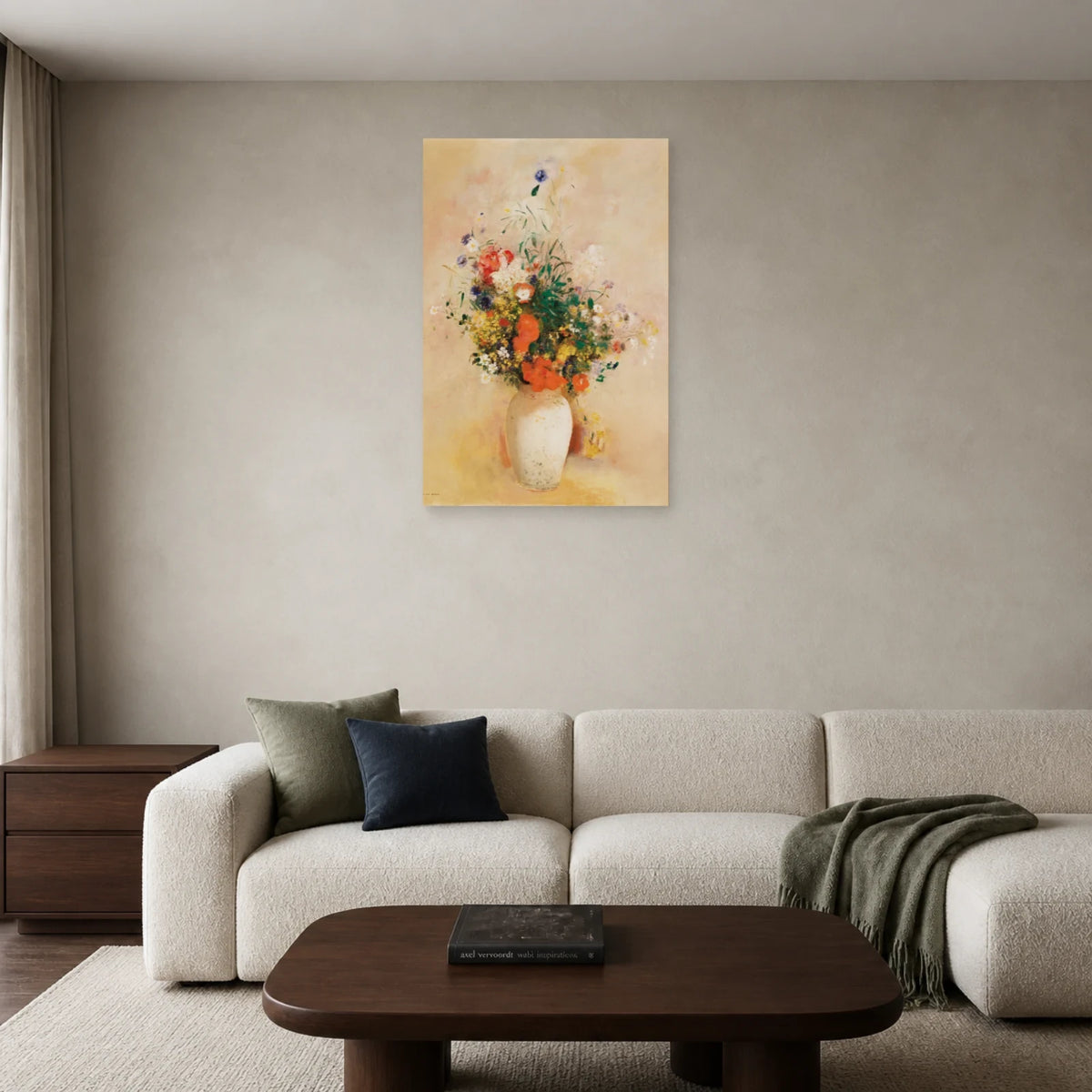 Tableau Vase de fleurs sur fond rose – Odilon Redon dans un salon - Art Virtuoso