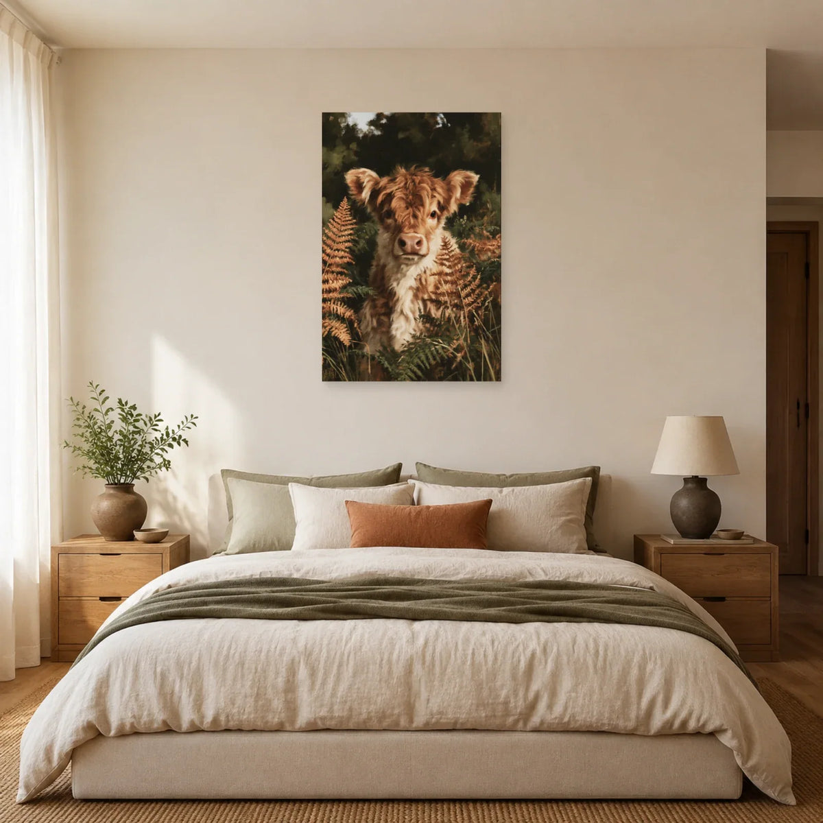 Tableau Veau Highland présenté dans une chambre - Art Virtuoso