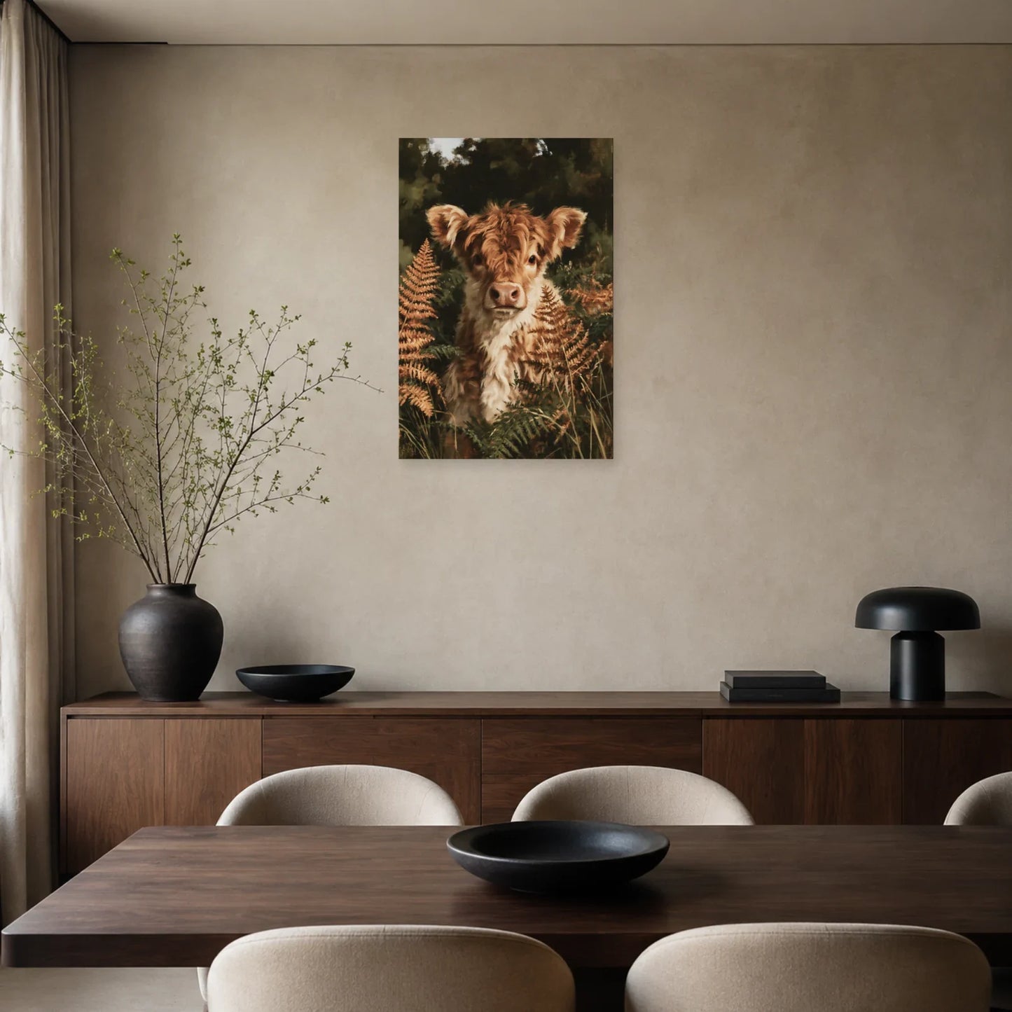 Tableau Veau Highland présenté dans une salle à manger - Art Virtuoso
