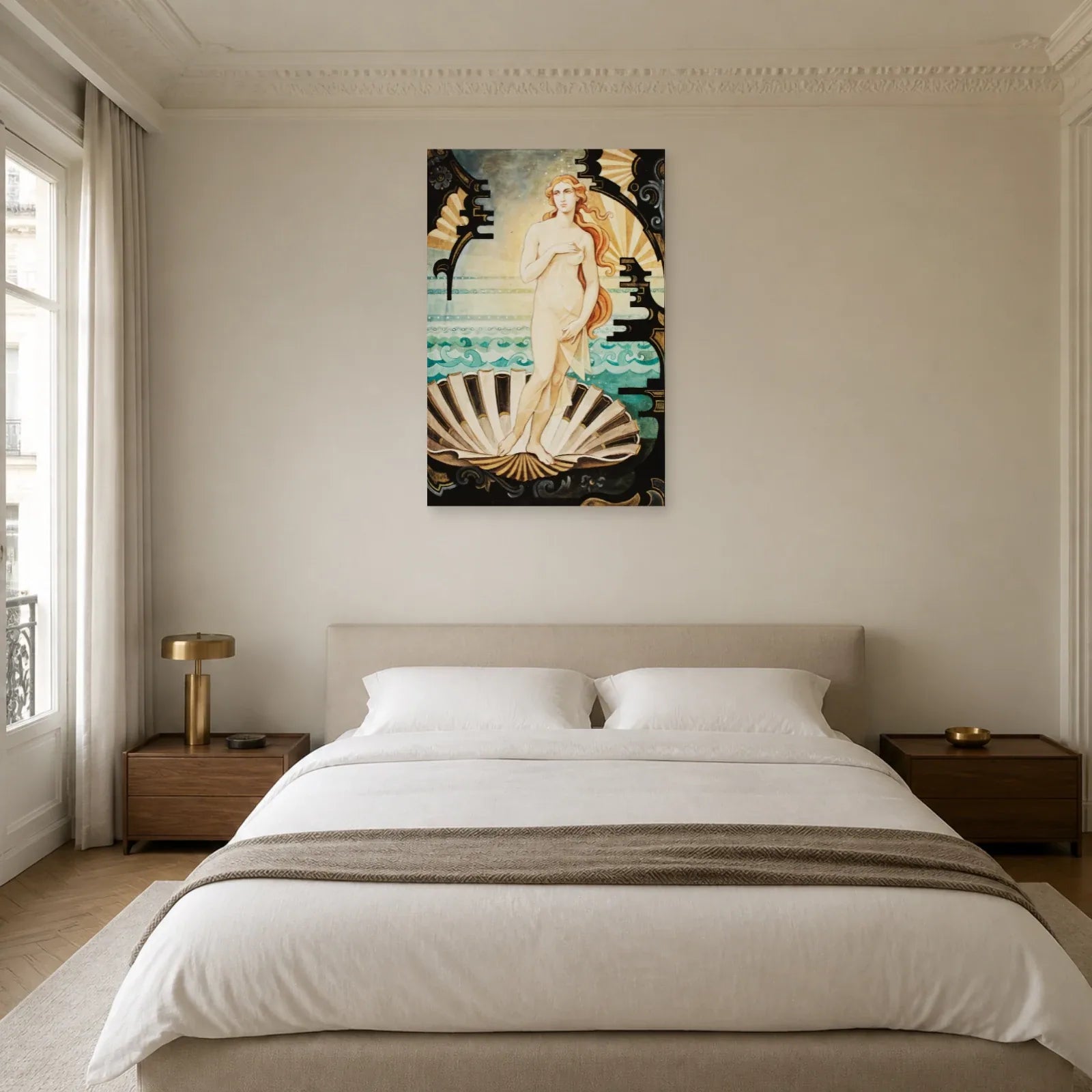 Tableau Vénus sur coquille dans une chambre aux accents turquoise