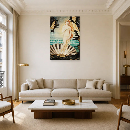 Tableau Vénus Art Déco exposé dans un salon aux tons naturels