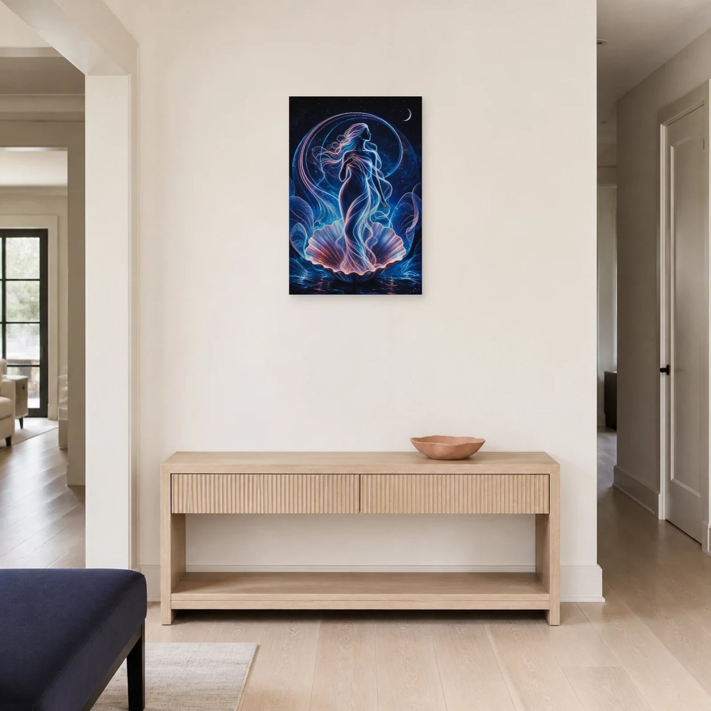 Tableau Vénus Moderne - Coquillage aux Lueurs Célestes dans une entrée ou un couloir - Art Virtuoso