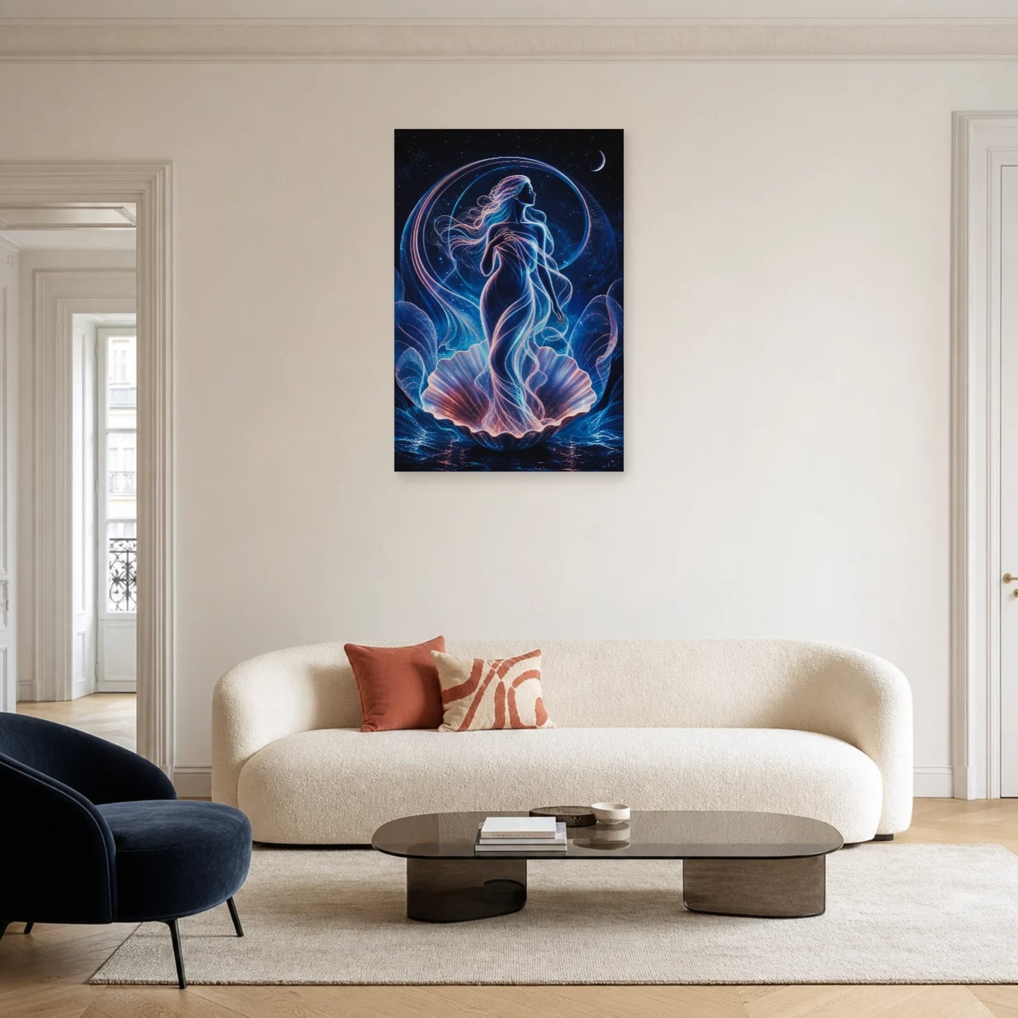 Tableau Vénus Moderne - Coquillage aux Lueurs Célestes dans un salon - Art Virtuoso