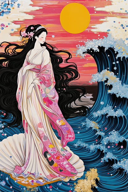 Toile japonaise à l'étoffe rose fleurie et vague, format M