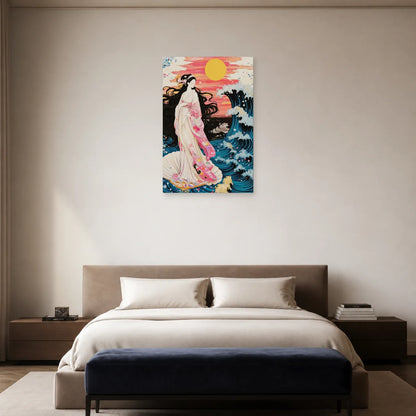 Tableau japonais au ciel corail dans une chambre apaisée