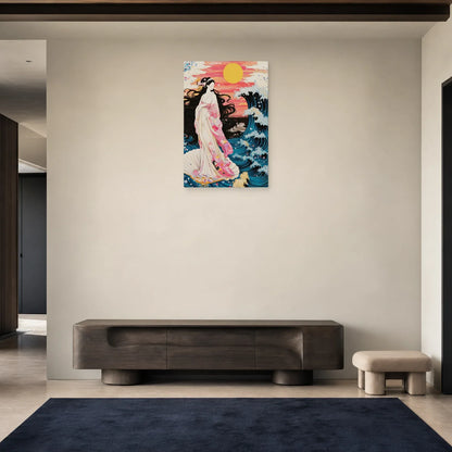 Tableau japonais à l'étoffe rose présenté dans une entrée