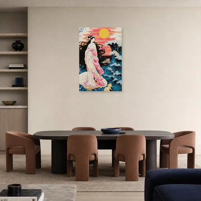Femme aux cheveux noirs et vague dans une salle à manger