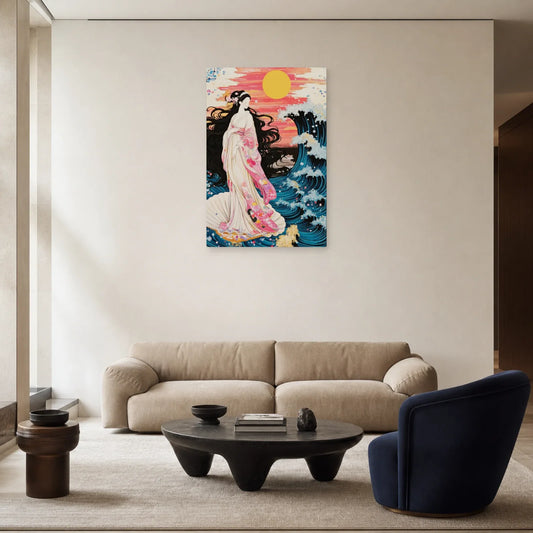 Tableau femme japonaise et vague exposé dans un salon clair