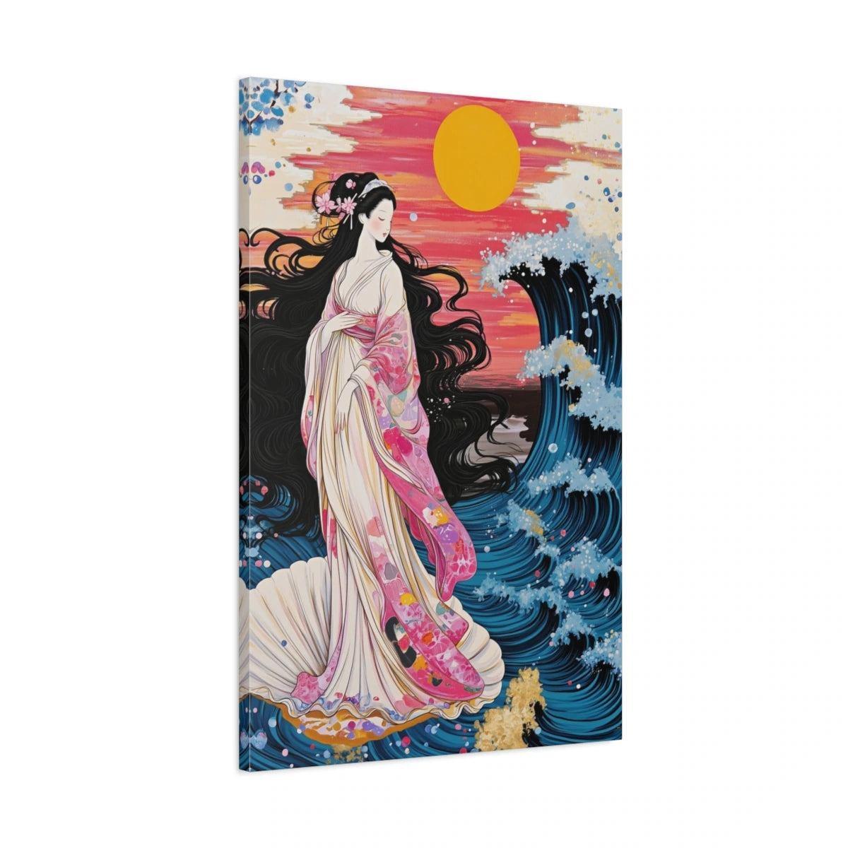 Vue 3D de côté du tableau femme japonaise face à une grande vague