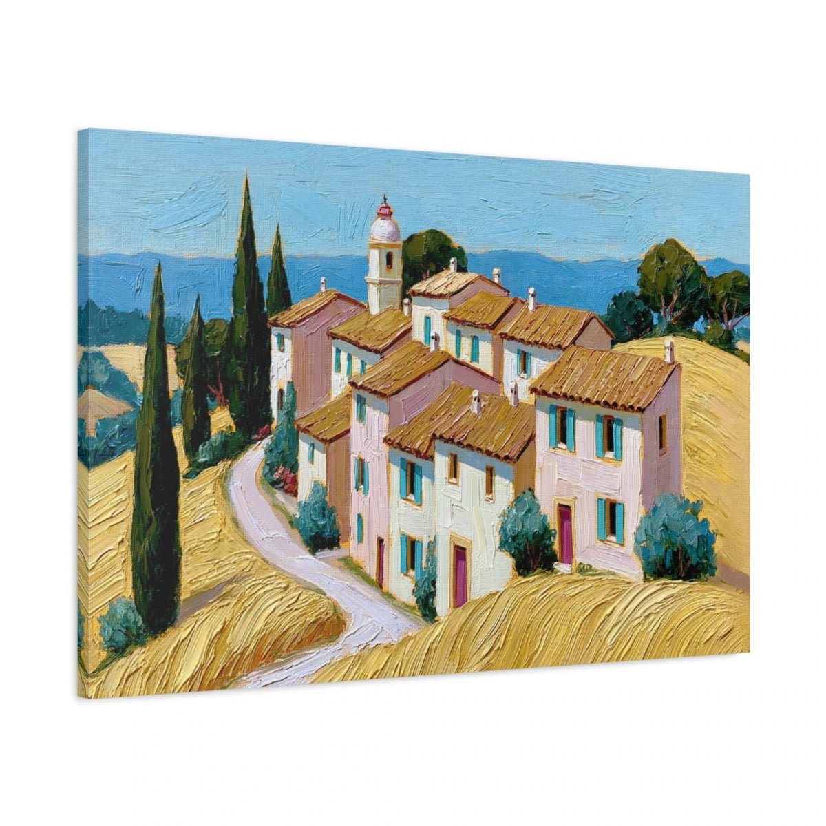 Tableau village provencal avec toits terracotta et cyprès - toile 3D avec bords imprimés visibles