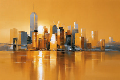 Tableau horizontal format M avec skyline dorée et reflets urbains par Art Virtuoso