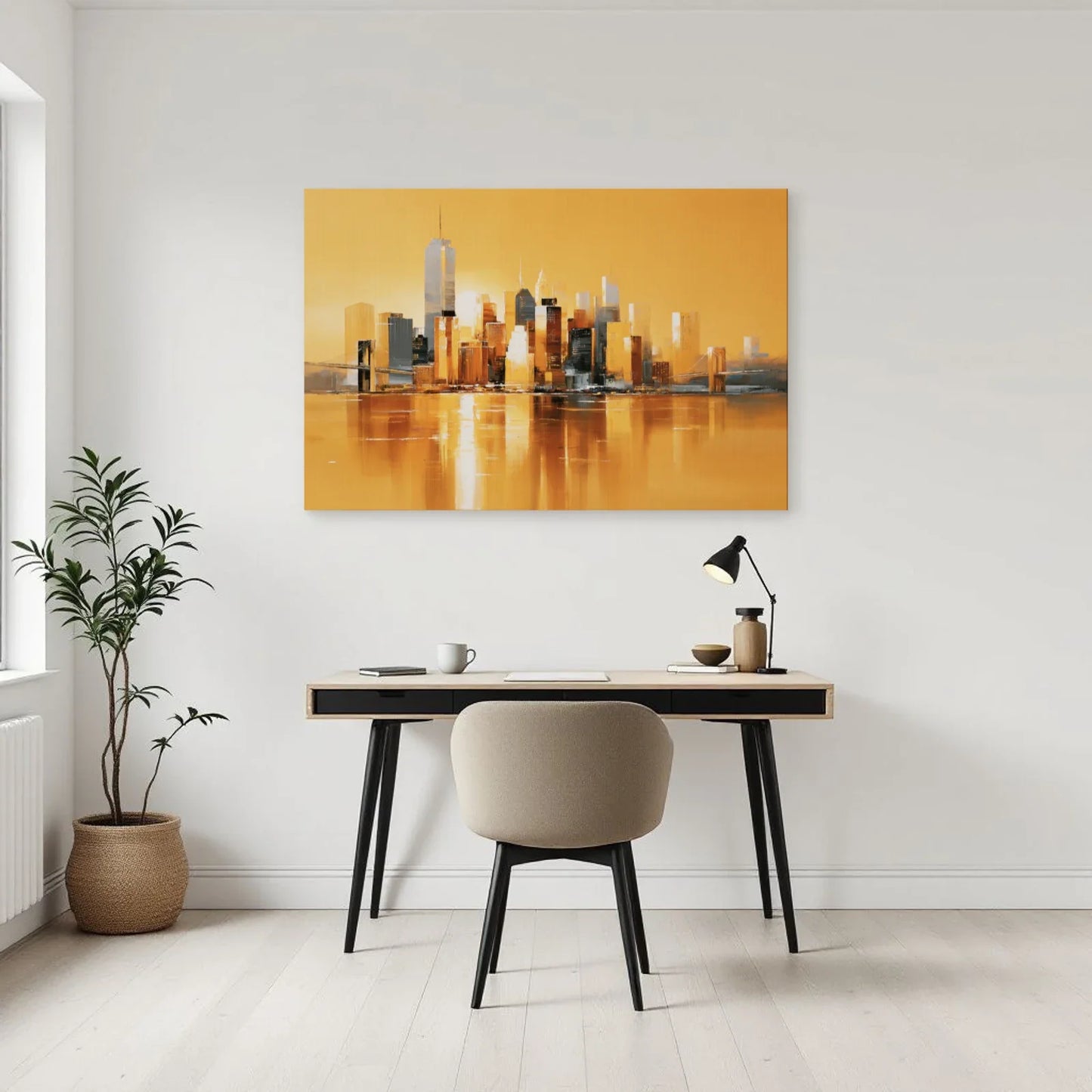 Skyline abstraite jaune avec ponts présentée dans un bureau contemporain par Art Virtuoso