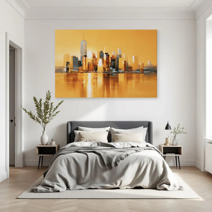 Tableau horizontal de ville dorée exposé dans une chambre moderne par Art Virtuoso