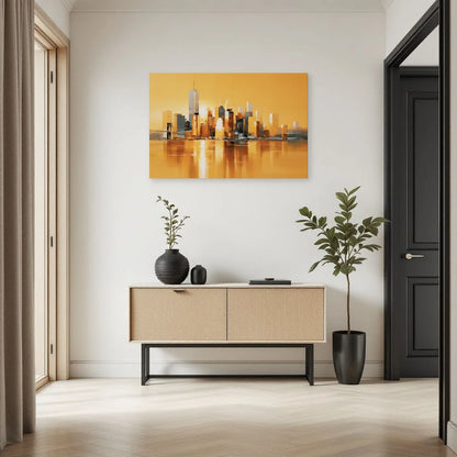 Tableau ville abstraite jaune avec ponts présenté dans une entrée large par Art Virtuoso