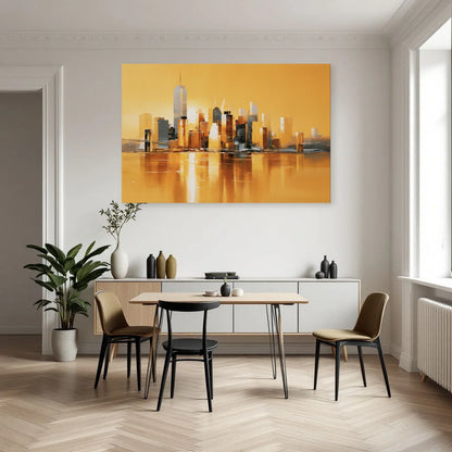 Panorama urbain jaune et gris installé dans une cuisine ouverte moderne par Art Virtuoso