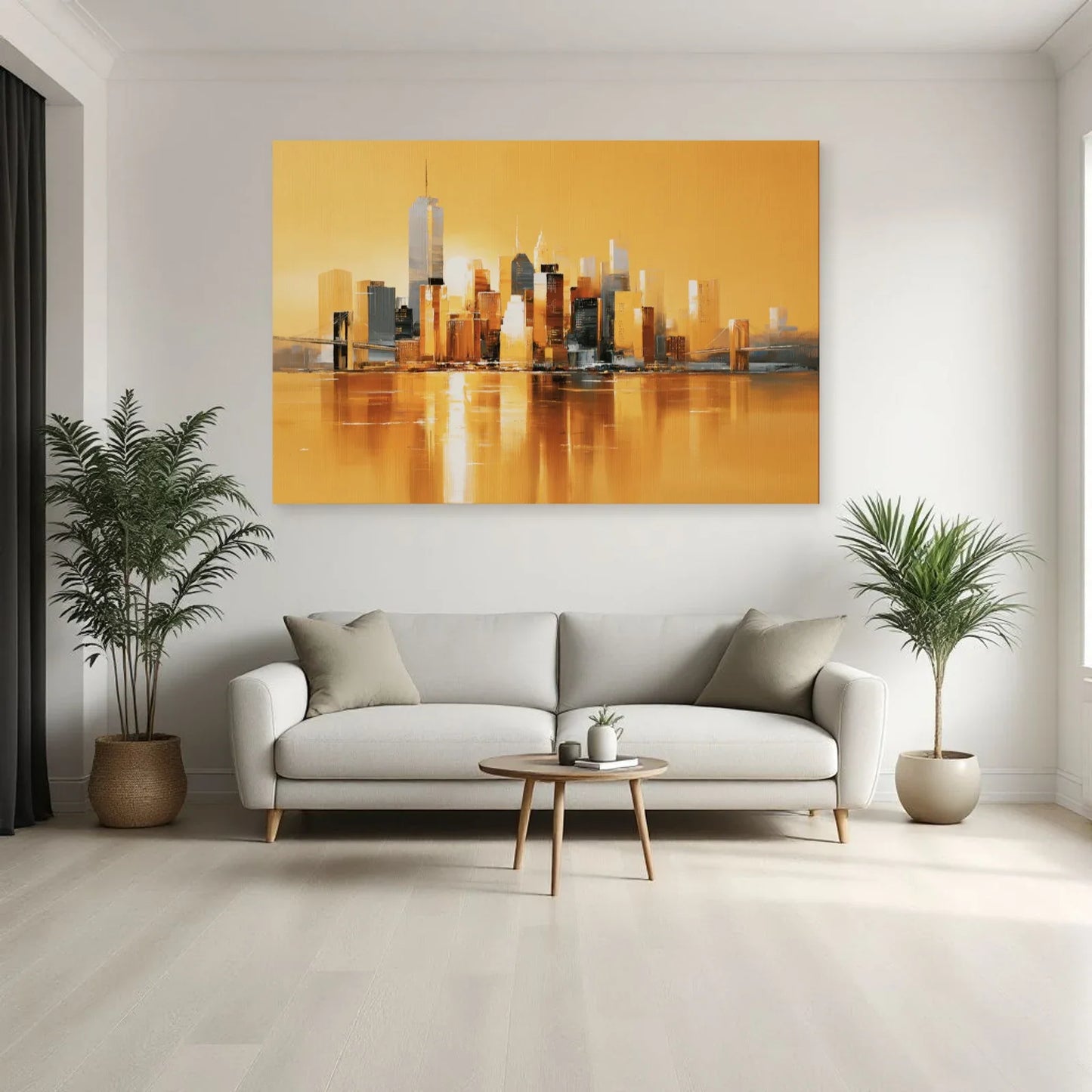 Tableau panoramique de ville jaune installé au-dessus d'un canapé de salon par Art Virtuoso