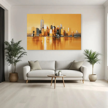 Tableau panoramique de ville jaune installé au-dessus d'un canapé de salon par Art Virtuoso