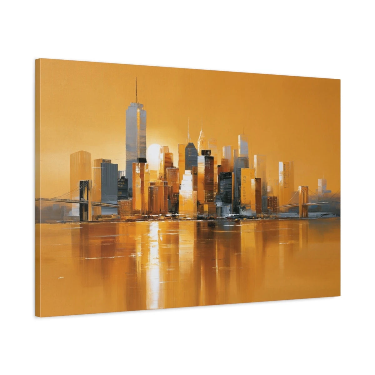 Tableau Ville Abstraite Jaune avec Pont - Reflets Urbains - toile 3D avec bords imprimés - Art Virtuoso