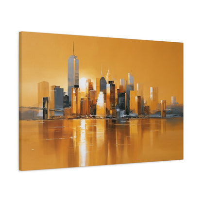 Tableau Ville Abstraite Jaune avec Pont - Reflets Urbains - toile 3D avec bords imprimés - Art Virtuoso