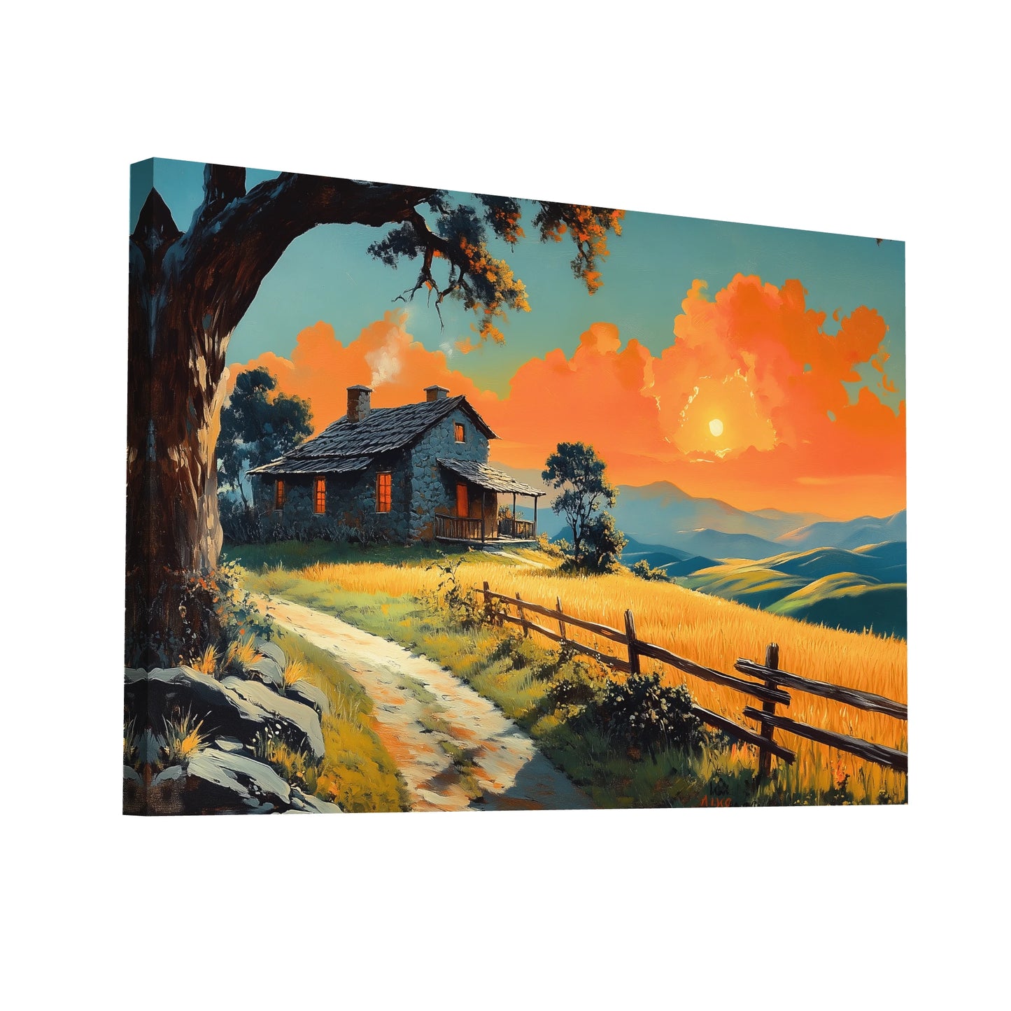 Product Hero 3D WebP Tableau Vintage Paysage : Soleil Couchant sur les Collines - Art Virtuoso