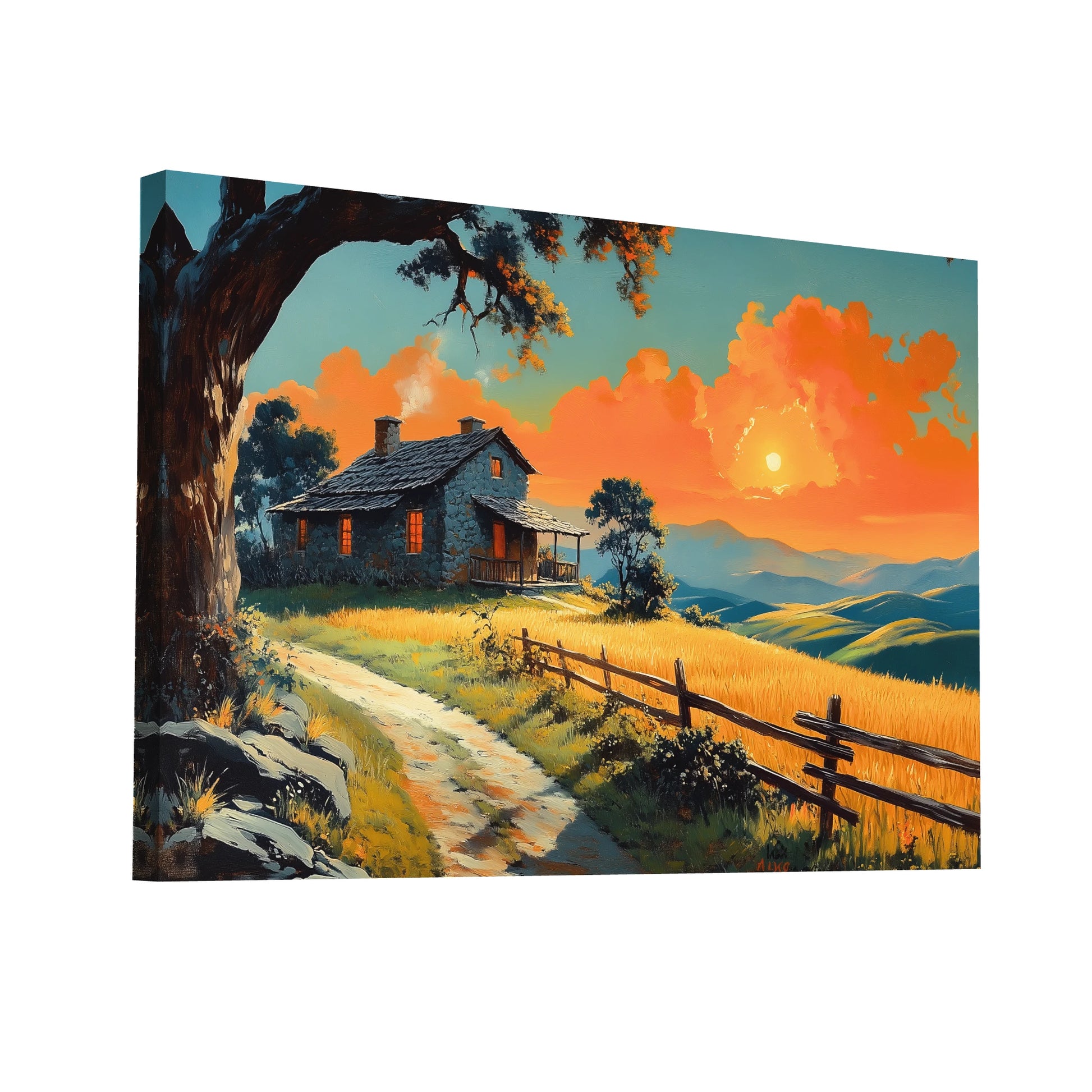 Product Hero 3D WebP Tableau Vintage Paysage : Soleil Couchant sur les Collines - Art Virtuoso