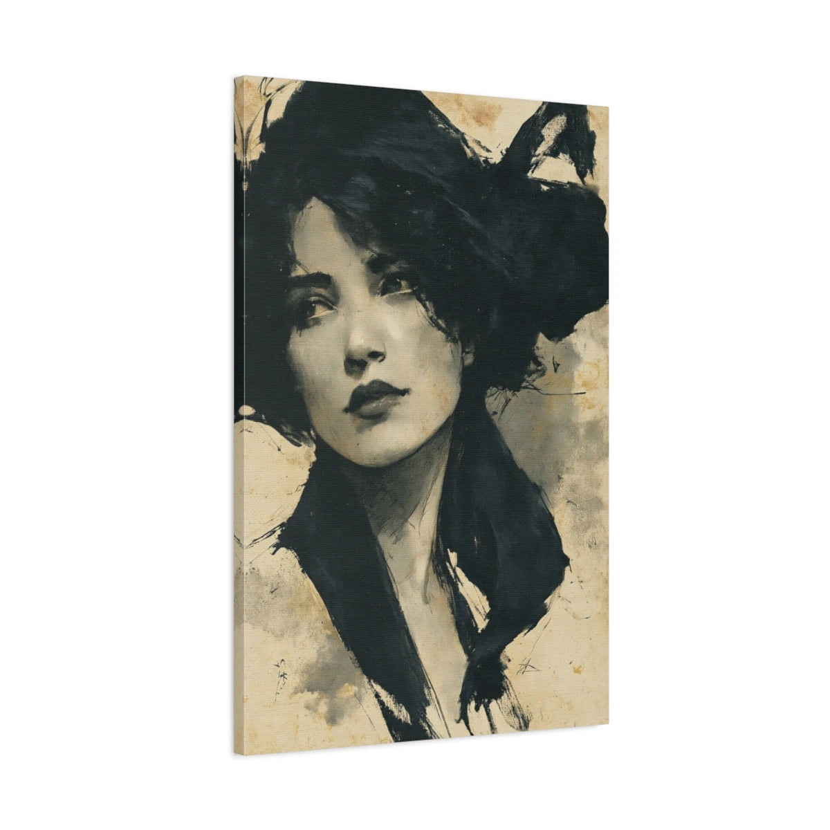Tableau Visage Noir et Blanc - Encre et Patine - toile 3D avec bords imprimés - Art Virtuoso