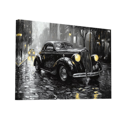 Product Hero 3D WebP Tableau Voiture Vintage Noir et Blanc : Nuit Pluvieuse - Art Virtuoso