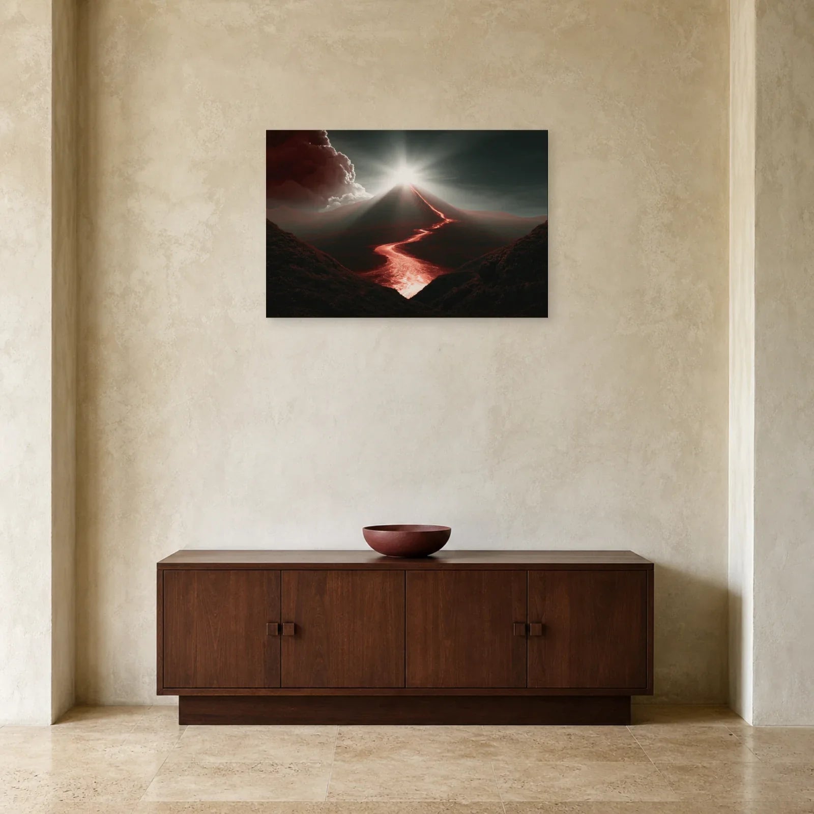 Tableau Volcan Rouge – Cratère Incandescent dans une entrée ou un couloir - Art Virtuoso