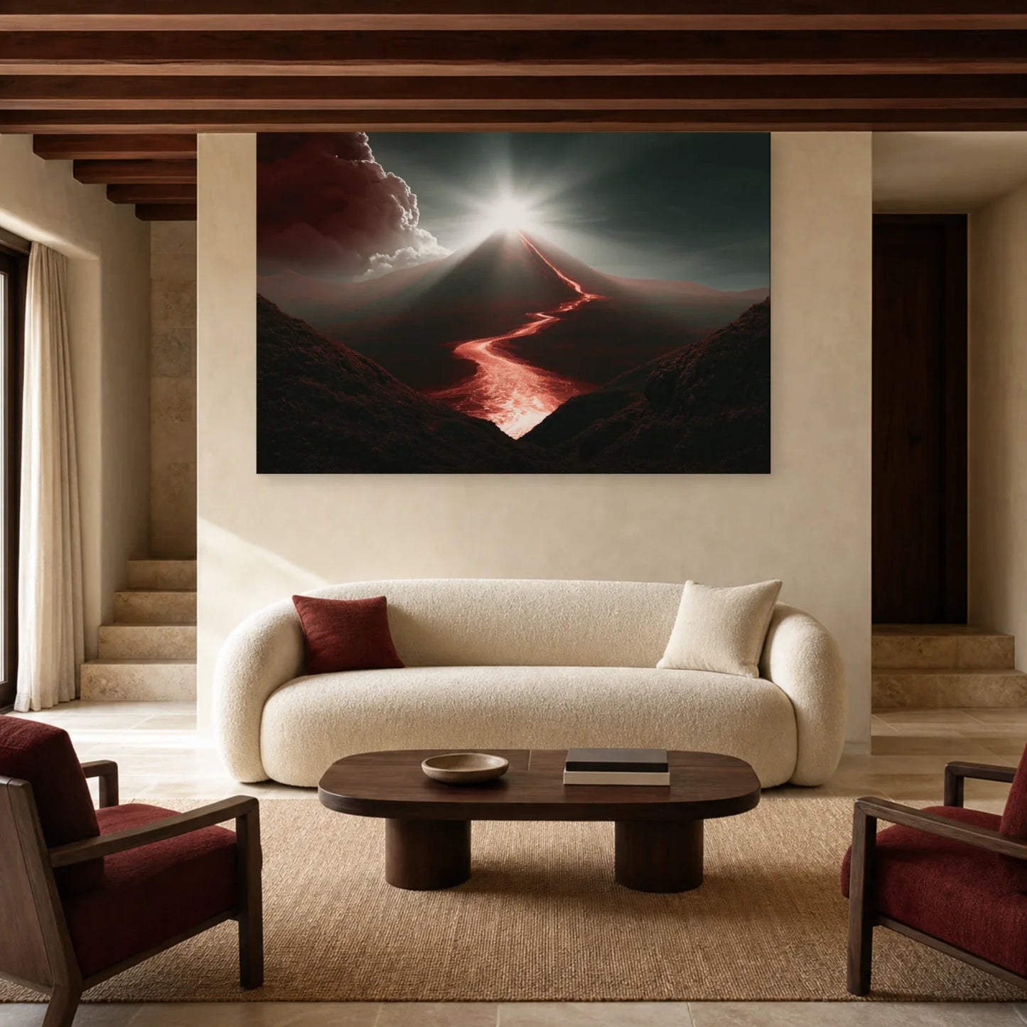 Tableau Volcan Rouge – Cratère Incandescent dans un salon - Art Virtuoso