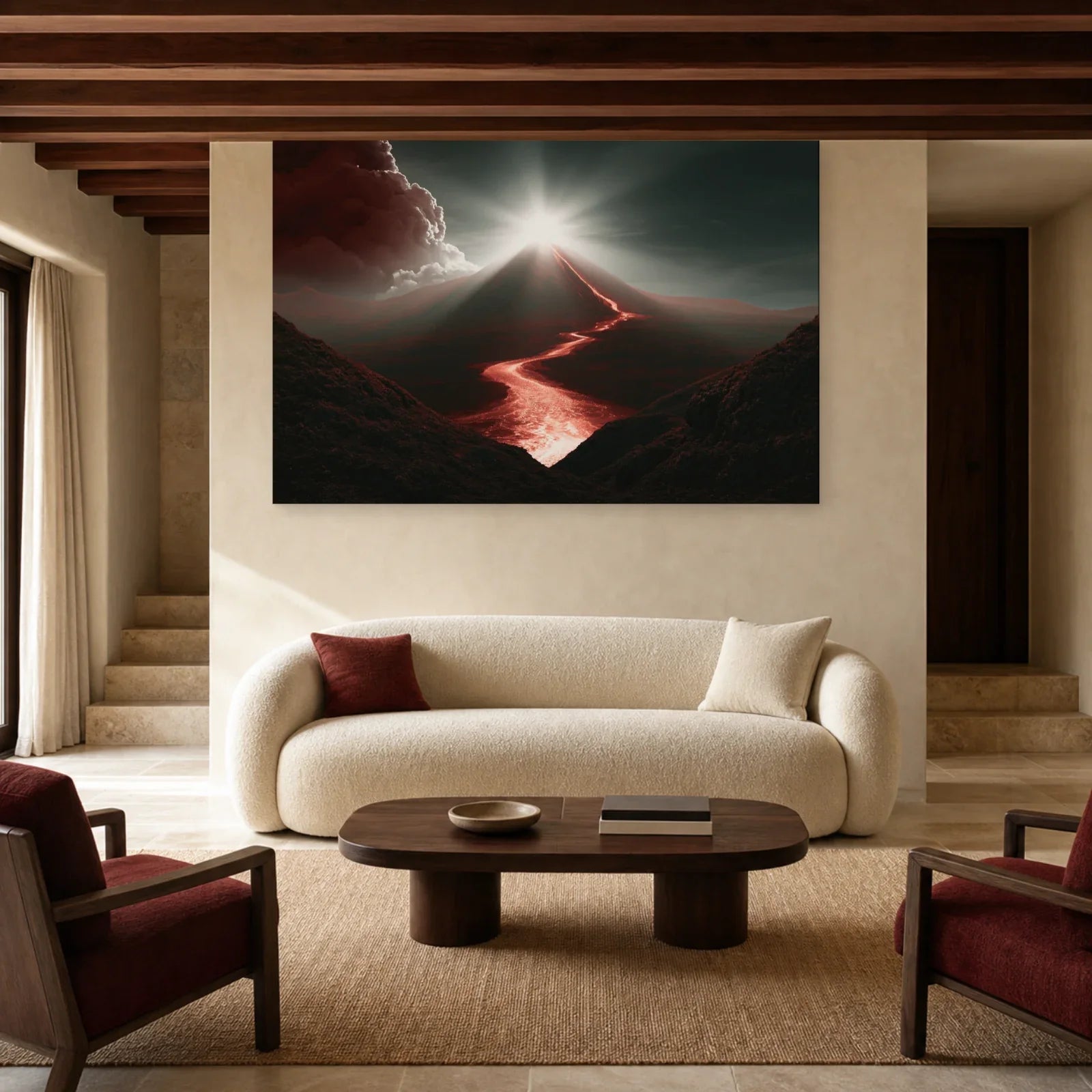 Tableau Volcan Rouge – Cratère Incandescent dans un salon - Art Virtuoso