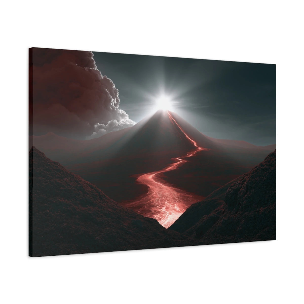 Tableau Volcan Rouge – Cratère Incandescent - toile 3D avec bords imprimés - Art Virtuoso