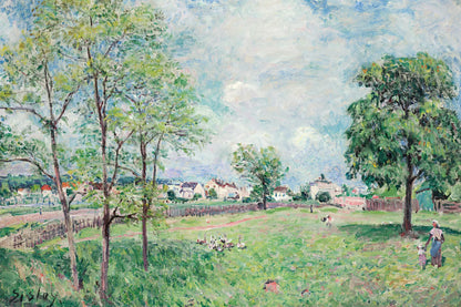 Prairie arborée devant un village sous un ciel printanier – toile format M
