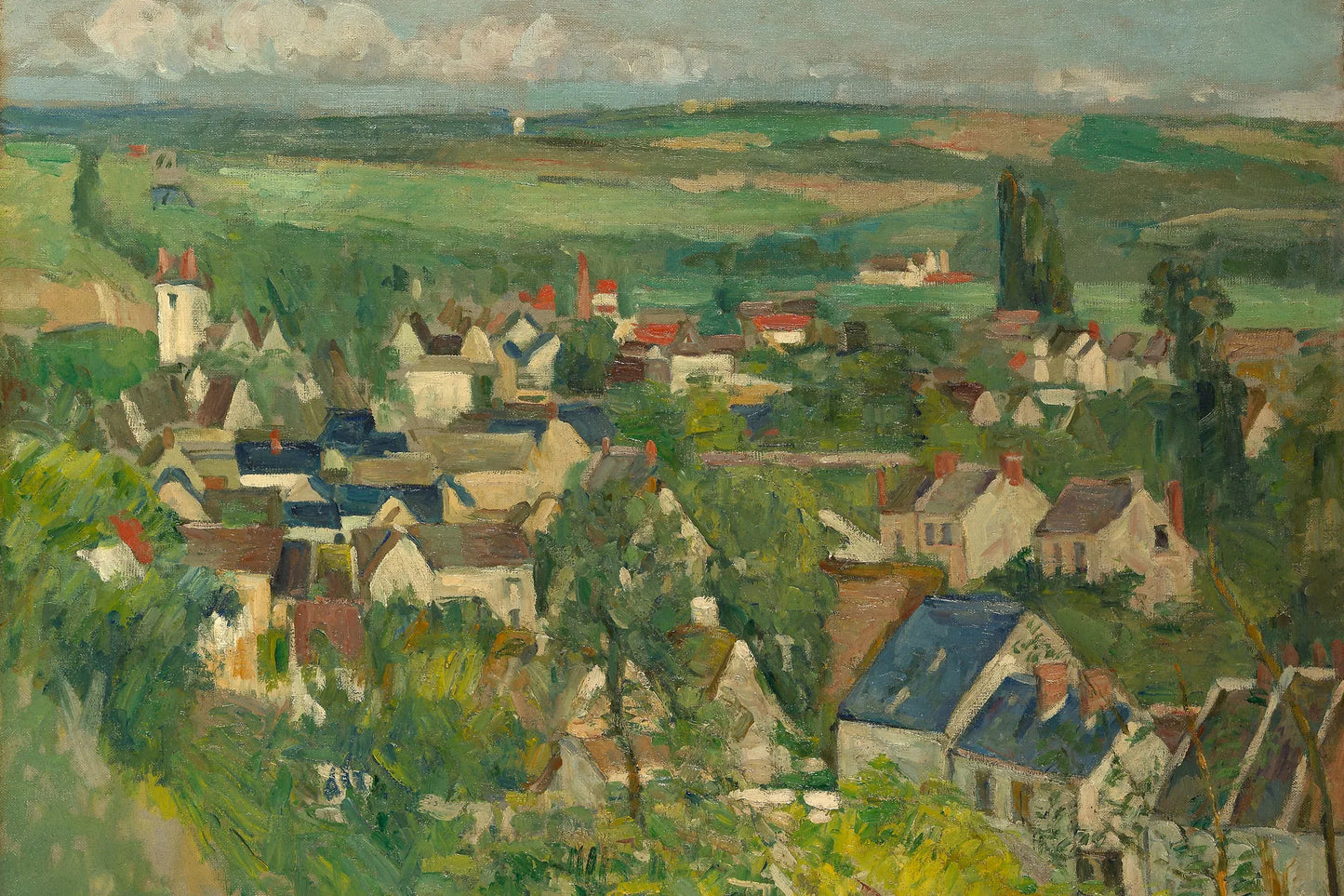 Panorama d’Auvers-sur-Oise avec champs verts et ciel nuageux, format XL