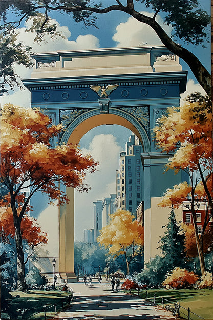 Arche monumentale entourée d’arbres d’automne, toile format XL