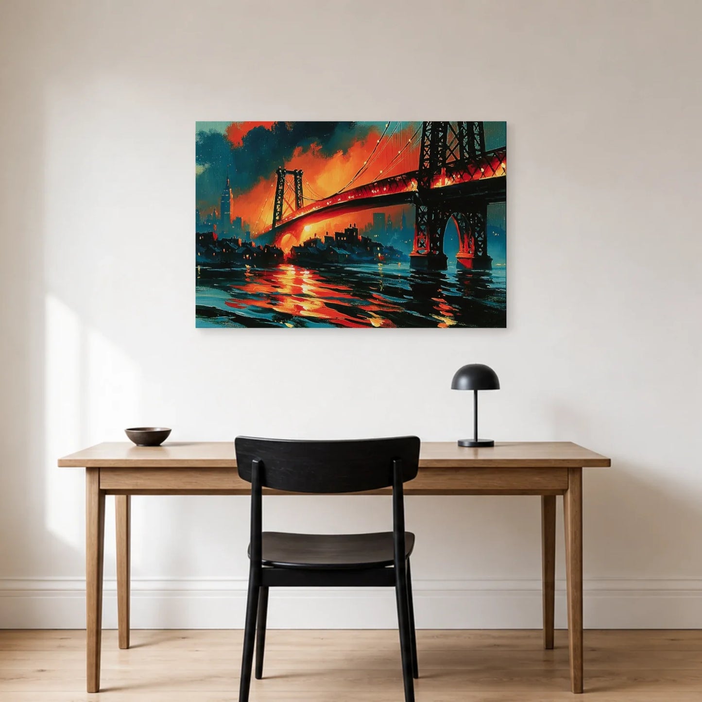 Williamsburg Bridge rouge orangé accroché dans un bureau