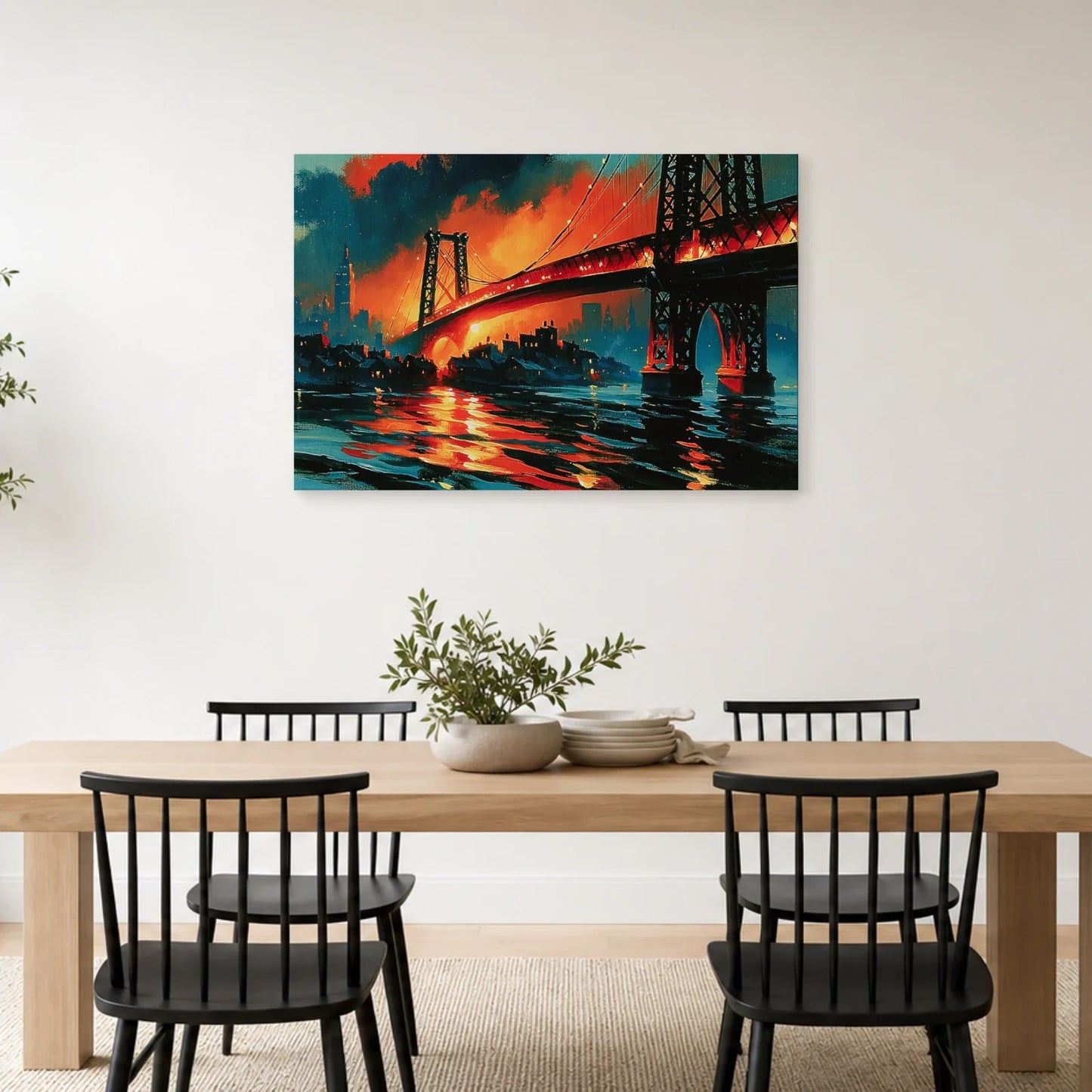 Pont new-yorkais et reflets de feu dans une salle à manger