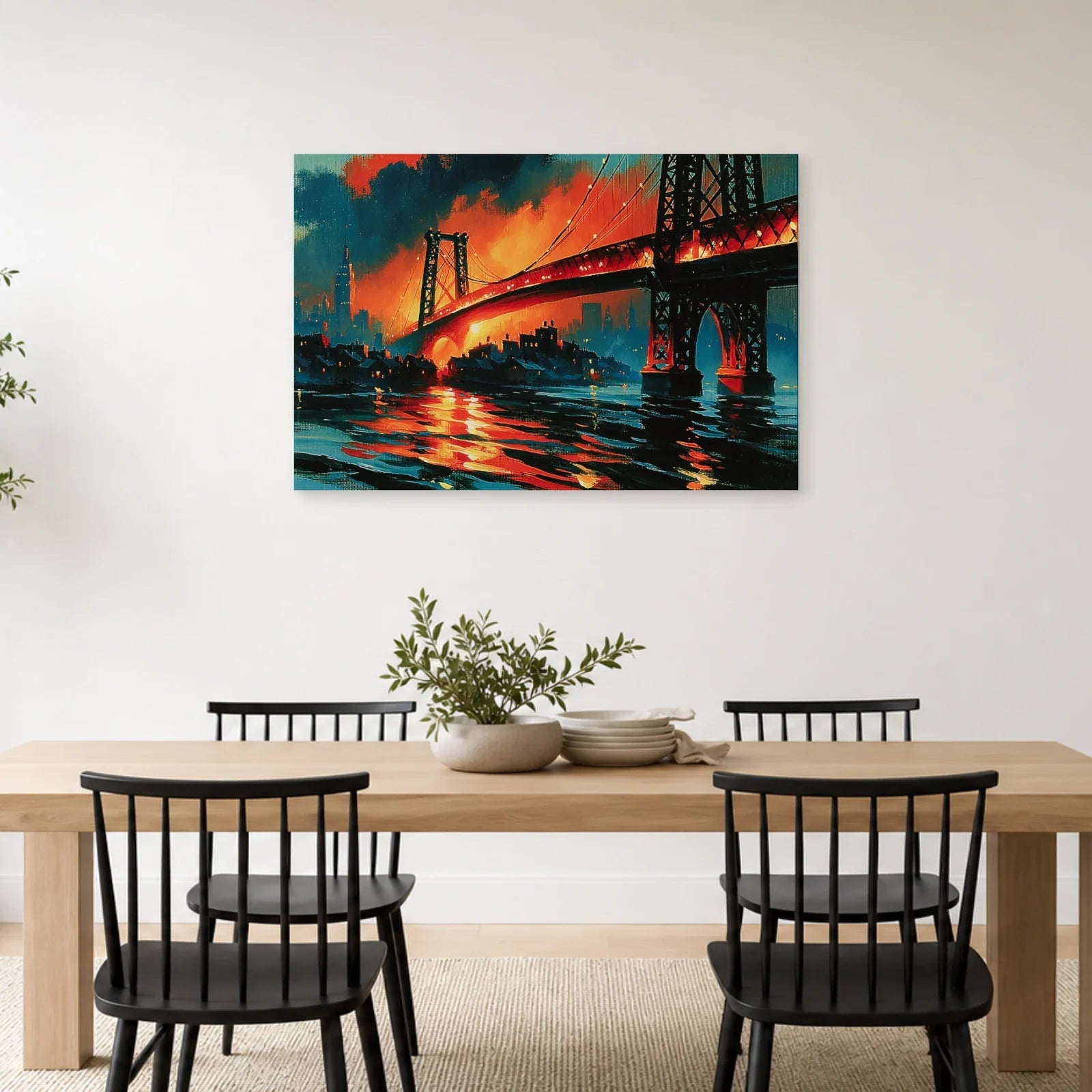 Pont new-yorkais et reflets de feu dans une salle à manger